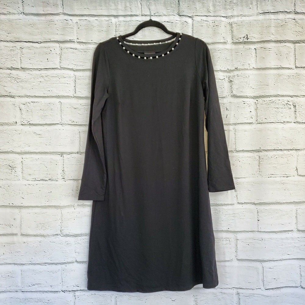 J Jill Wearever Sample Pearl Neck Long Sleeve Black Knit Dress Womens Small